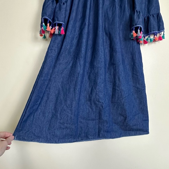 SEE YOU MONDAY Chambray Dress off the shoulder with colorful tassel trim, Size M - Picture 3 of 6